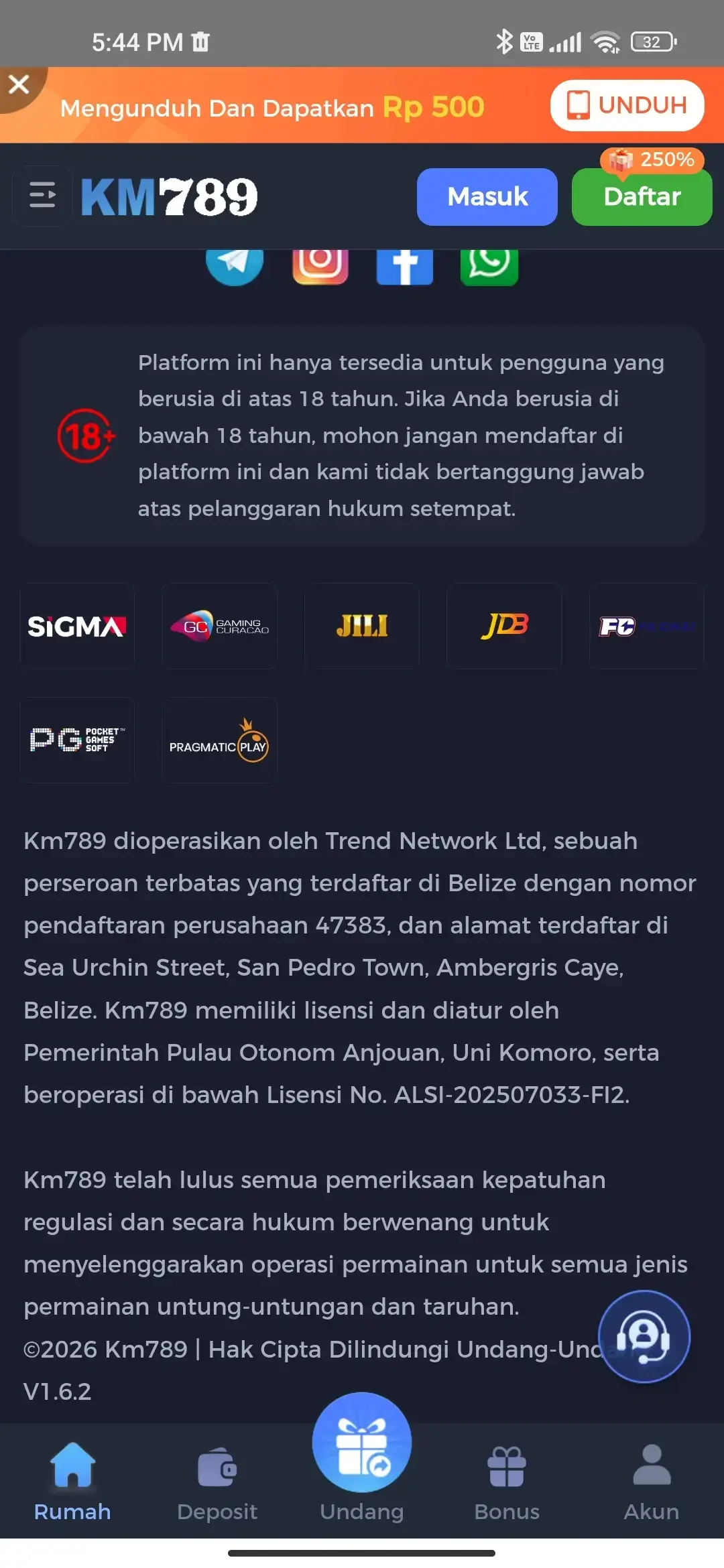 KM777 informasi provider dan lisensi