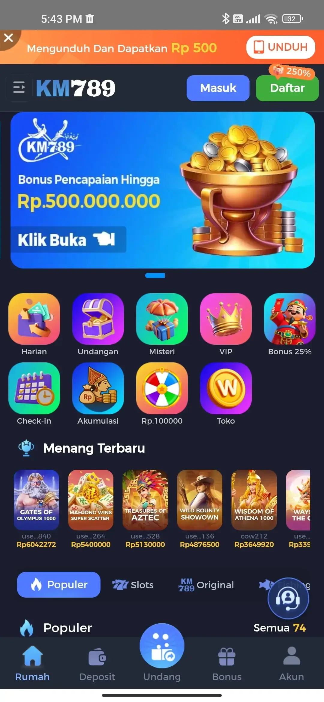 KM777 halaman utama dengan jackpot